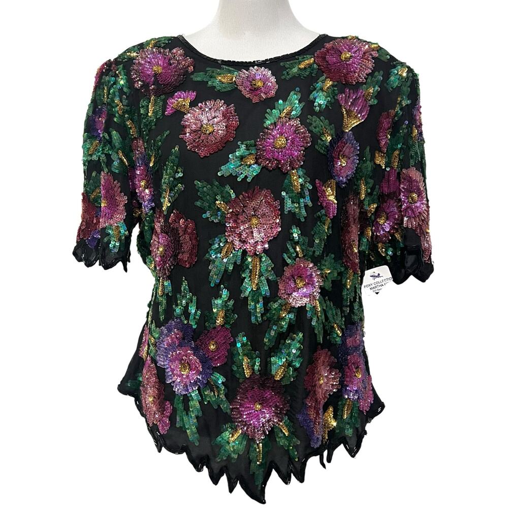 Laurence Kazar Vintage Women’s Silk Floral Sequin Beaded Top Short Sleeve Sz 1X